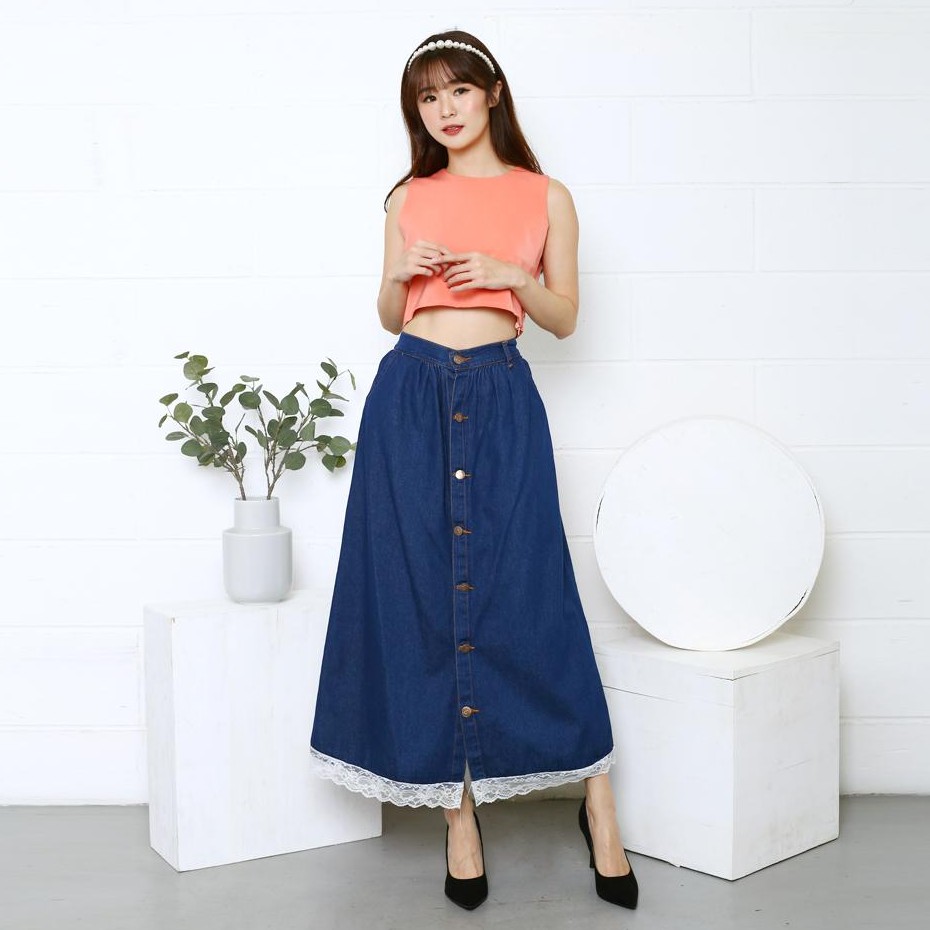 HOPYLOVY - Rok Jeans Panjang Rok Jeans Wanita Kancing Button Up Daniza Bawah Renda