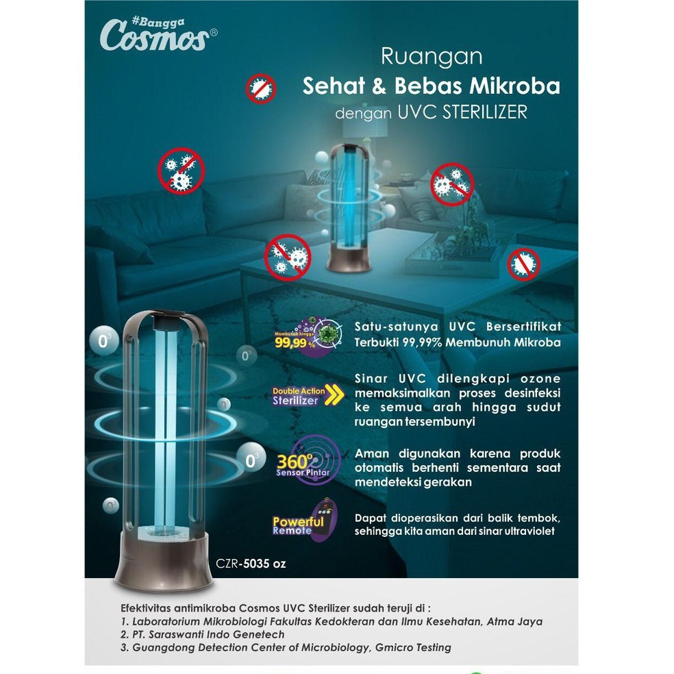 Cosmos Lampu UVC STERILIZER CZR 5035 OZ UV sertifikat lab hilangkan virus kuman bakteria