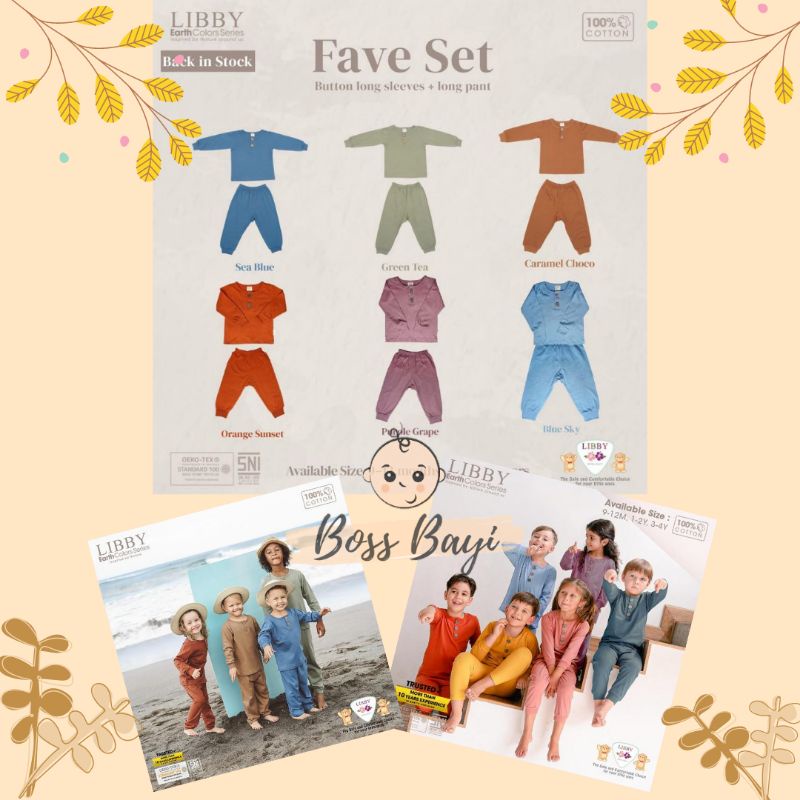 LIBBY EARTH COLORS Fave Series Setelan Lengan Panjang Celana Panjang Bayi Anak Warna Polos 9-12M, 1-2Y, 3-4Y