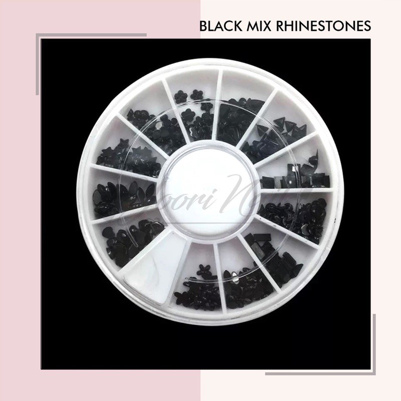 Black mix rhinestones wheel nail art love star square heart rhinestone hitam