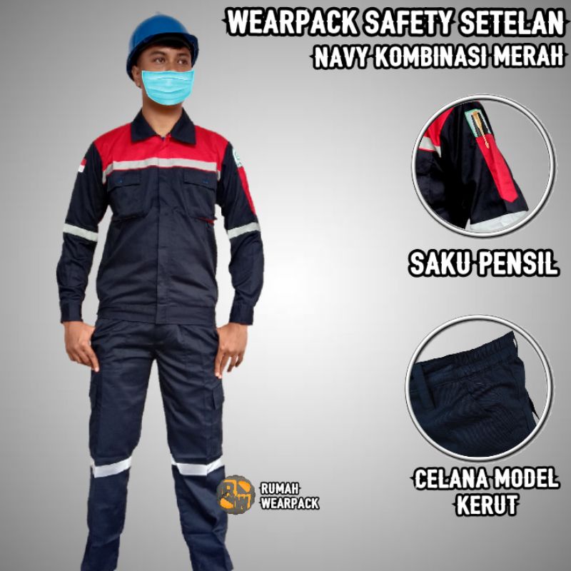 Wearpack Proyek dan Celana Kerja Setelan Warna Navy Kombinasi Merah