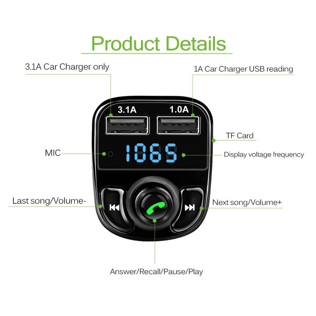 Bluetooth Wireless Fm Transmitter Musik HP ke Speaker Mobil LED Charger 2 USB  111162