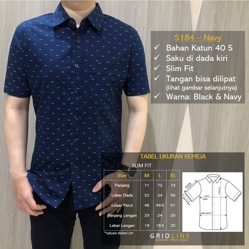 [GRIDLINE - S184 Navy &amp; Black - S119] Kemeja Pria Lengan Pendek Slimfit Katun Premium Simpel Elegan Best Seller M-XXL