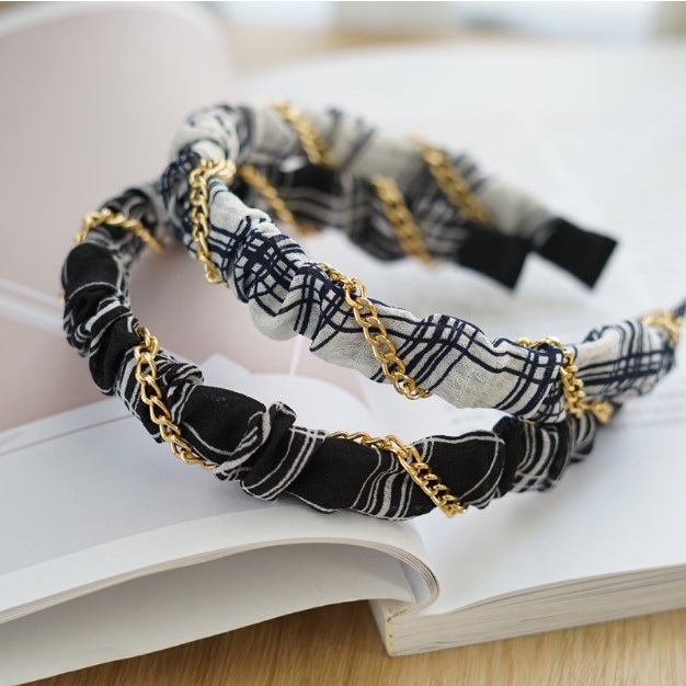 Bando Bandana Wanita Korea Trendy Motif Polos Simple Rantai Tweed Gati