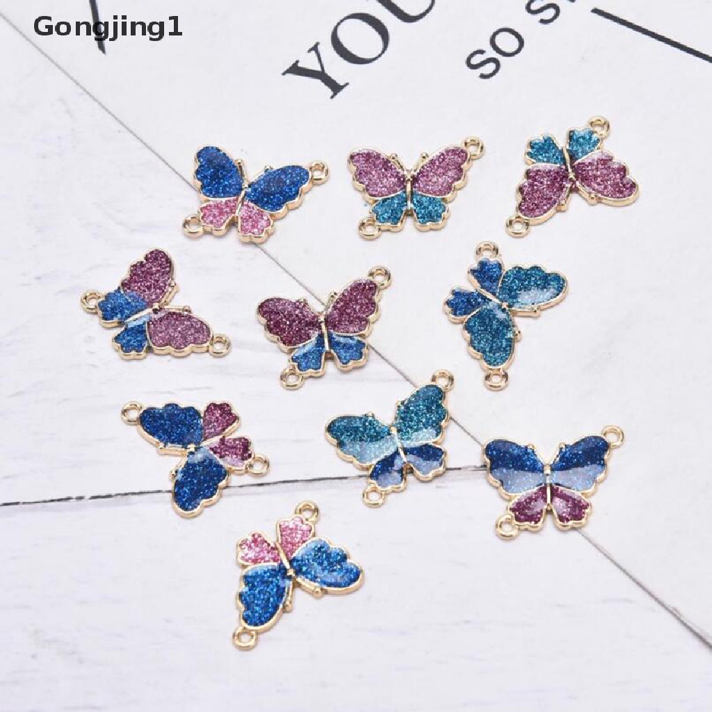 Gongjing1 10Pcs / Kantong Liontin Butterfly Enamel Berkilau Untuk Membuat Perhiasan DIY Charms