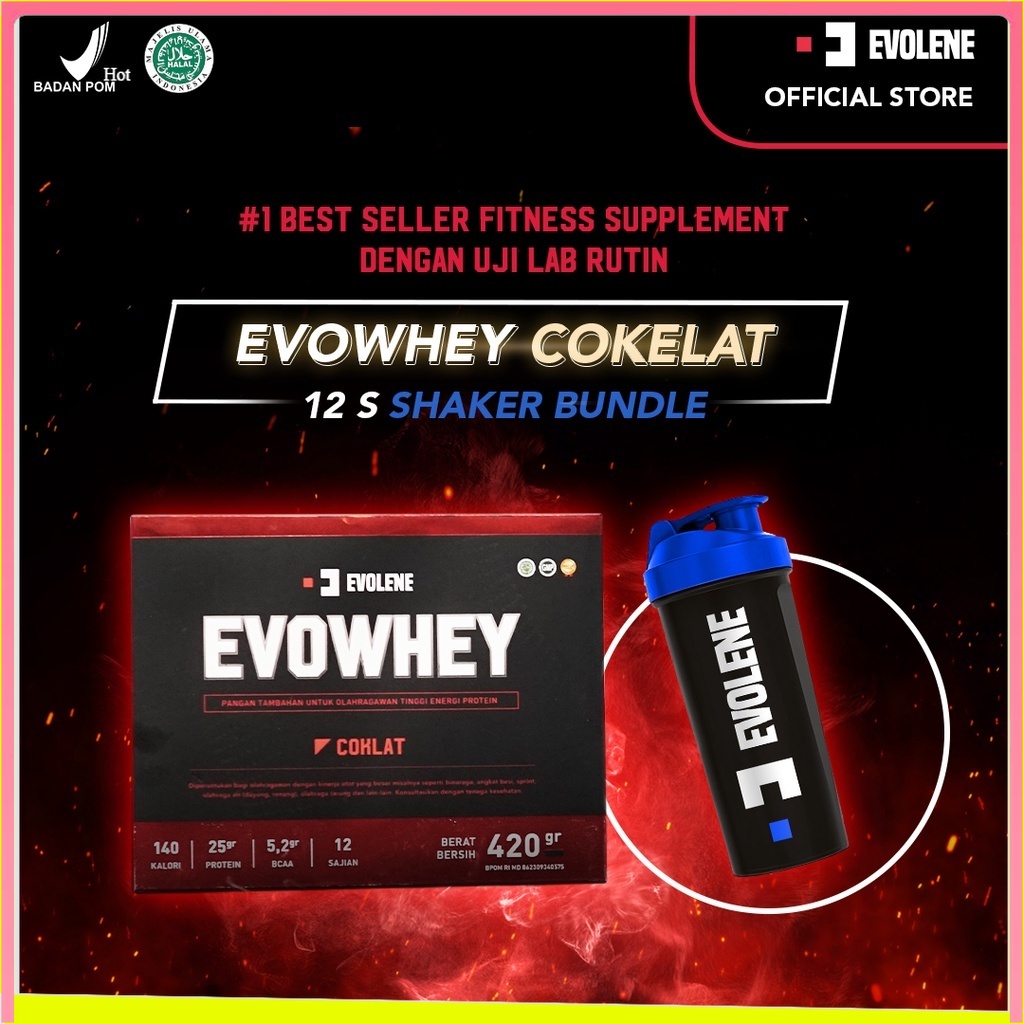 

Evolene Whey Protein Coklat 456gr/12 Sachet + Shaker Biru Workout BPOM HALAL BEST SUPLEMENKU