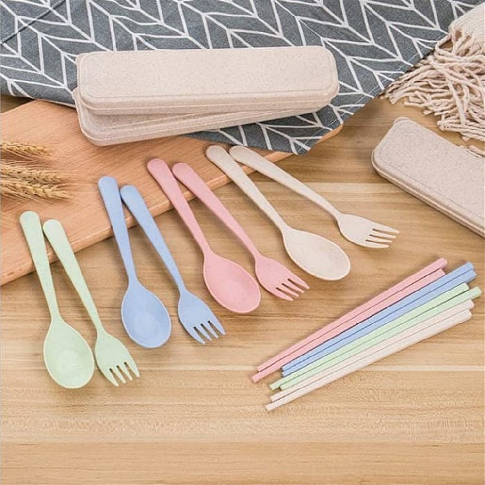 Set Sendok Garpu Sumpit Portable Bahan Jerami Gandum / Wheatstraw / Alat Makan Portable / Traveling