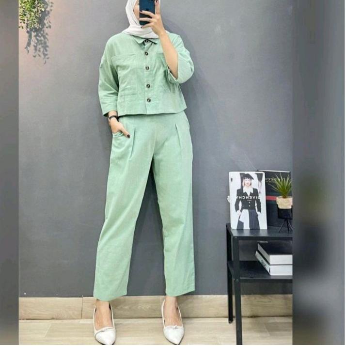 Hot Sell.. fazio set top+pants one set setelan wanita linen rami