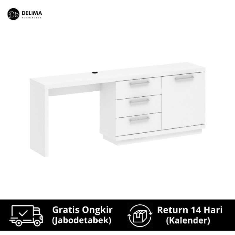 Meja Belajar / Meja Kerja Klasik dengan Rak Kabinet 3 Laci, Putih