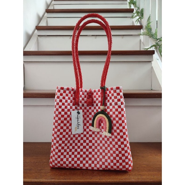TAS JALI PREMIUM MERAH CATUR PUTIH ( SUDAH TERMASUK GANTUNGAN)
