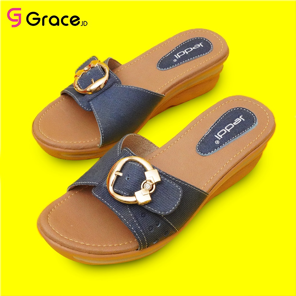 GRACE [JTL 01] Sandal Wedges Selop Wanita/ Sandal Slop Hak 5 CM Cewek/ Sandal Blink Manik Calbi