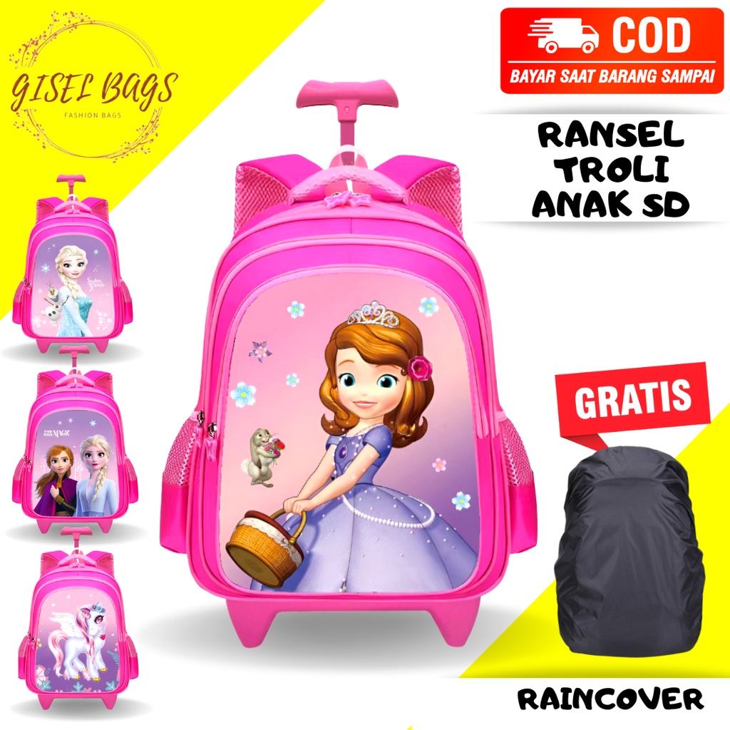 GB Tas ransel troli anak perempuan SD gambar timbul GRATIS raincover tas troli anak import