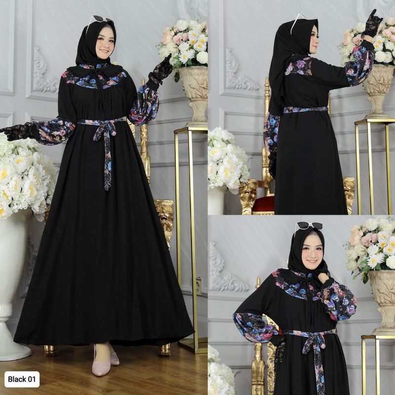 gamis long dress wanita  fashion muslim terbaru  berbahan kombinasi airflow premium kombinasi borkat