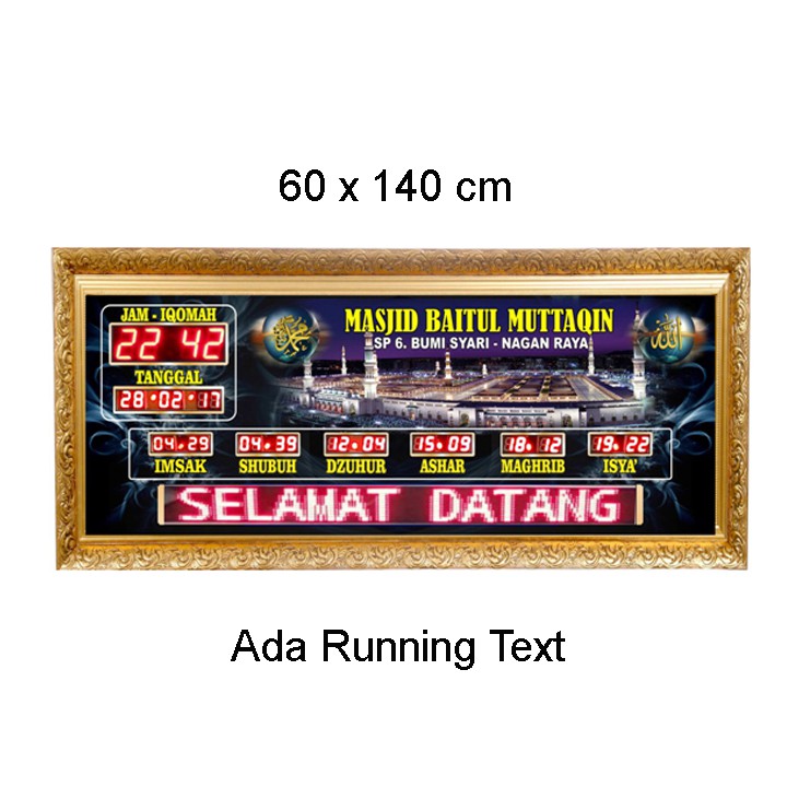 Jam Masjid Digital Waktu Sholat Running Text CUSTOM NAMA 60 x 140 cm