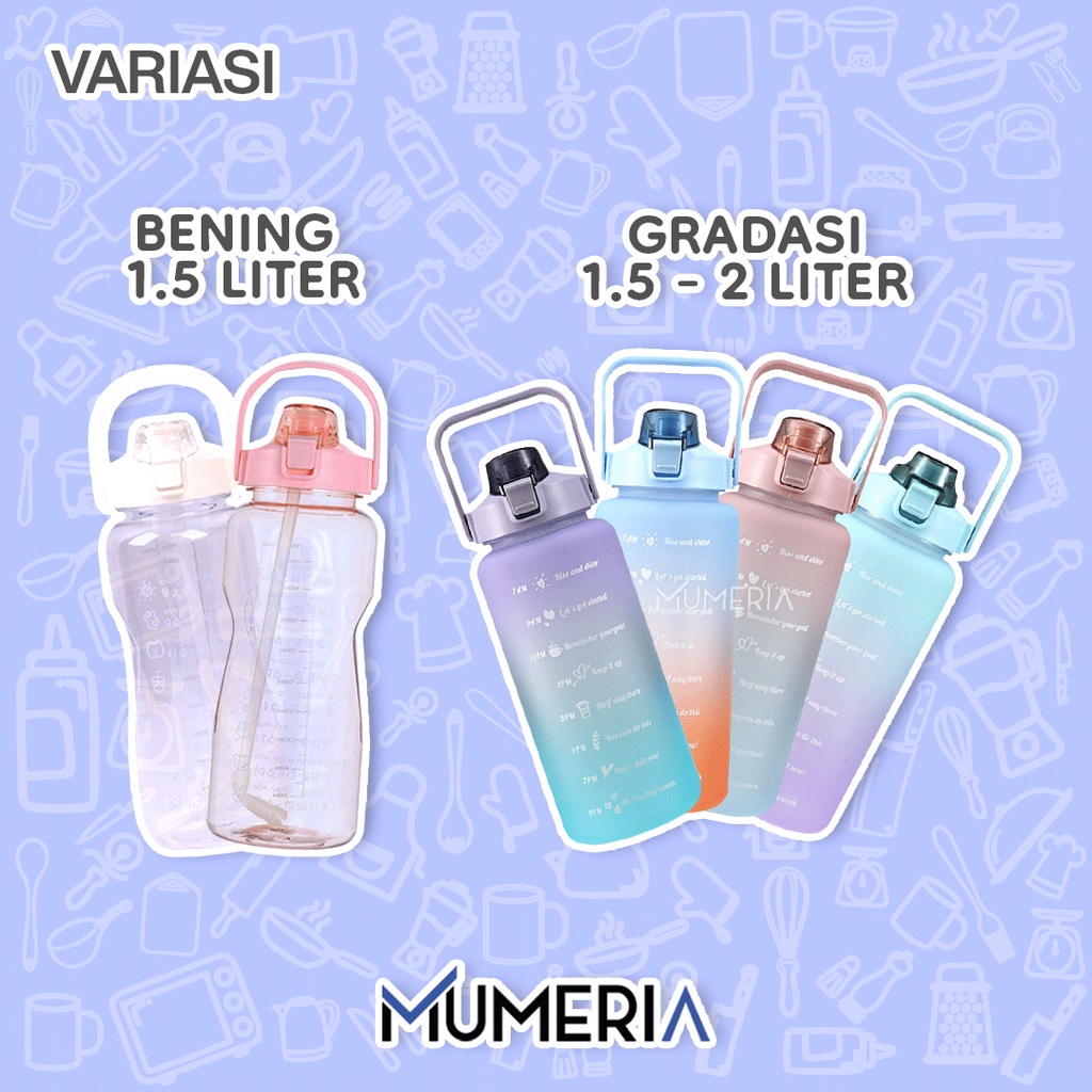 Botol Air Minum Viral 2 Liter &amp; 1,5 Liter Gradasi Bening Korea Gradient Straw 2000 mL Dan 1500 mL Rainbow Motivasi Penanda Waktu Sticker 2D 3D Food Grade Murah Bagus