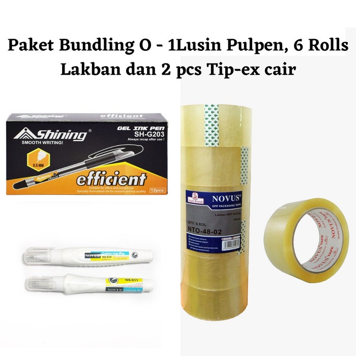 

tulis-alat-paket- paket bundling o - 1lusin pulpen, 6 rolls lakban dan 2 pcs tip-ex cair -paket-