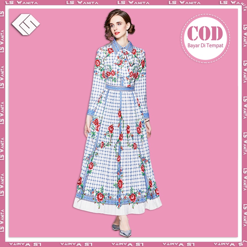 LS Floral Dress Wanita Vintage Robe Gamis  Long Sleeve Party Dress