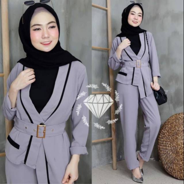 SET CELANA BLAZER OLIVER, MOSCREPE PREMIUM, GAMIS HIJAB MUSLIM SETELAN