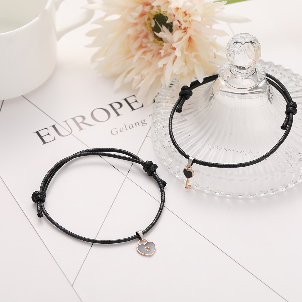 Simple Creative Heart Lock Key Couple Black Hand Rope Bracelet Set Vintage Bracelet Unisex Jewelry