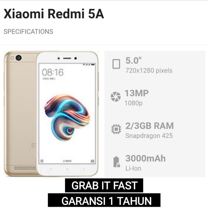 HP Xiaomi Redmi 5A RAM 2GB / 3GB Internal 16GB / 32GB (4G) LTE