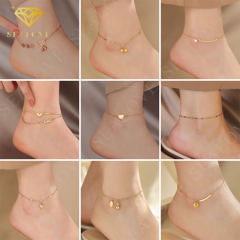 SEALOVE Gelang Kaki Titanium Anti Karat Dan Anti Luntur Wanita Emas heart simple Kupu-kupu Aksesoris Korea 2022