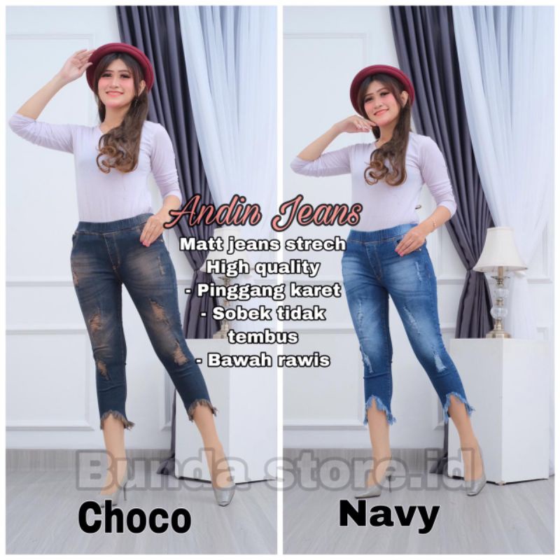 Jeans wanita 7/9 ripped ANDIN. Jeans wanita pinggang karet bahan melar