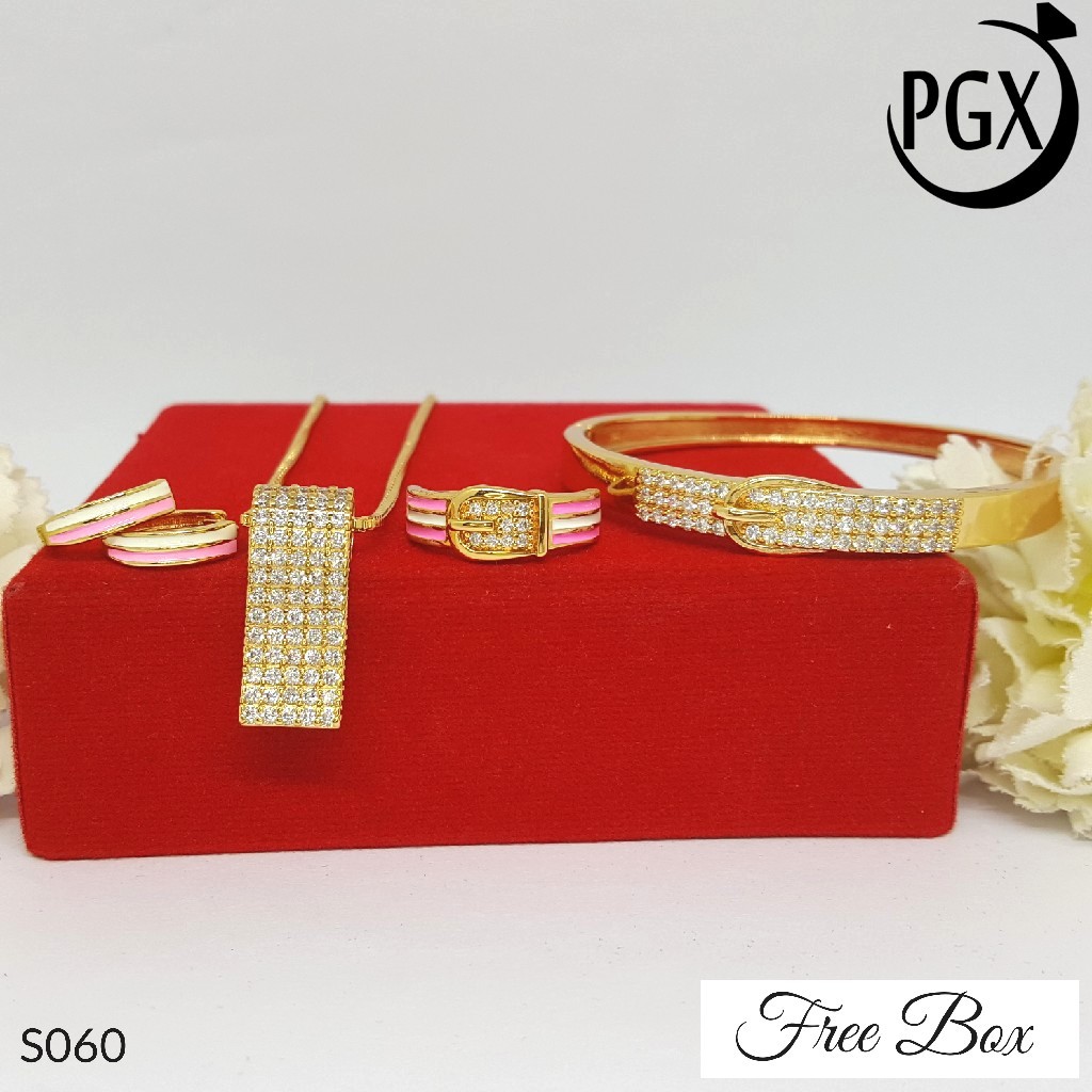 PGX Set Perhiasan Xuping Cincin Gelang Kalung Anting Lapis Emas - S060