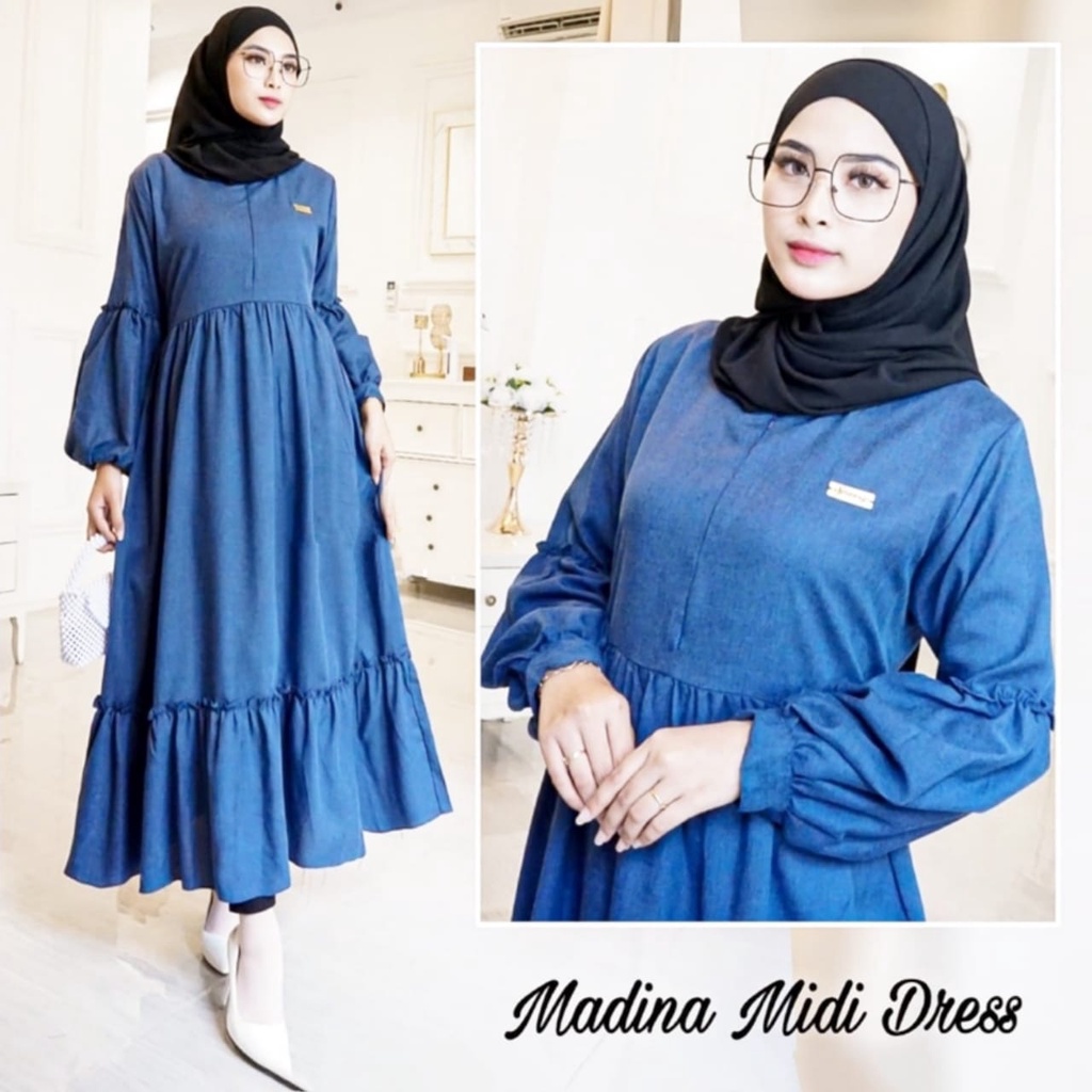 Madina Midi Dress Gamis Busui Lengan Balon Dress Maxi Jumbo Polos Pakaian Wanita Korean Style Model Terbaru