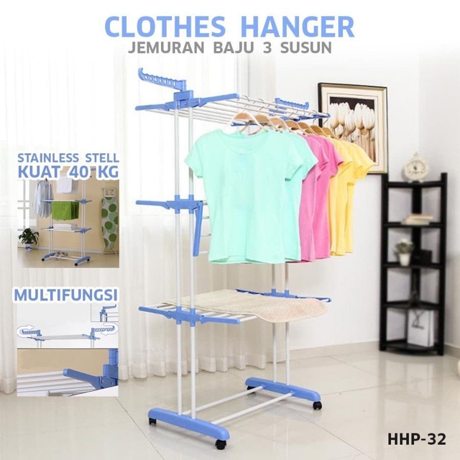 CLOTHES HANGER / Jemuran baju stainless/ Jemuran bayi 3 tingkat roda/ Jemuran baju Bayi Terlaris