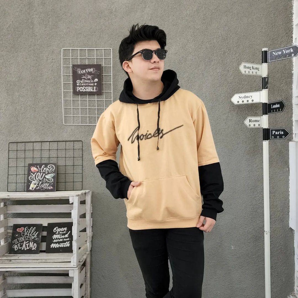 VOICE Hoodie Sweater Oversize Pria 2 Tone Jacket Outfit Kece Kekinian Korean Style Gaya Casual