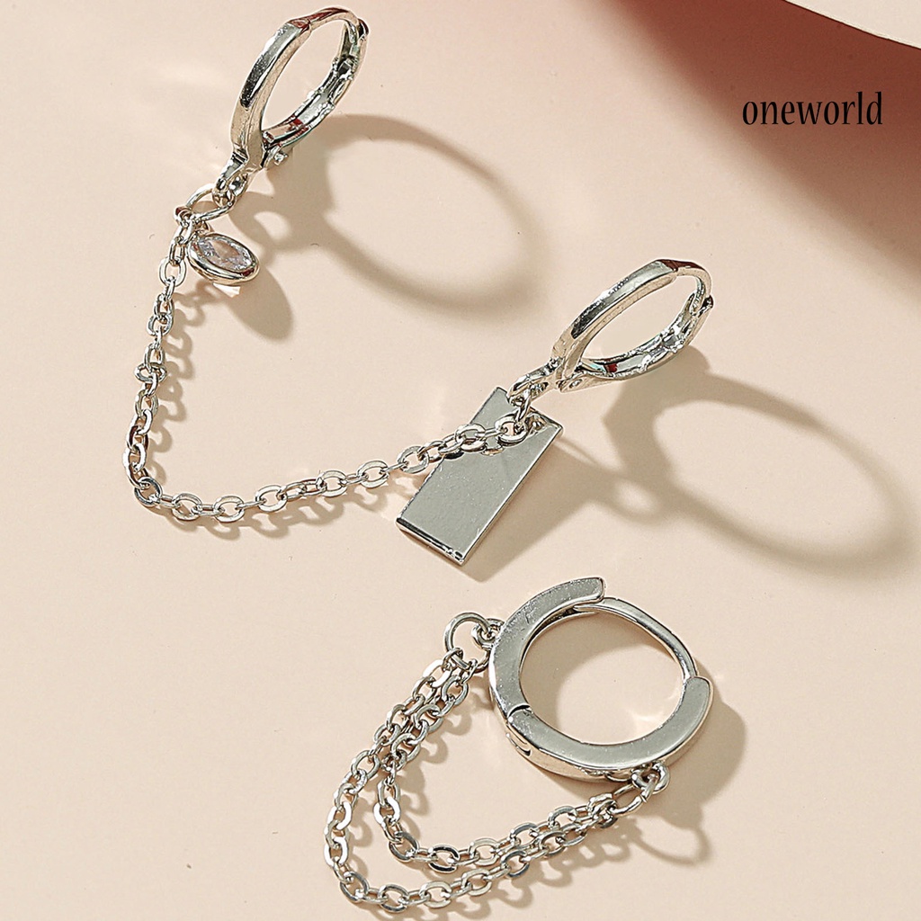 OW# 2Pcs/Set Chain Pendant Circle Alloy Piercing Asymmetric Ear Clips Hoop Earrings for Daily Life