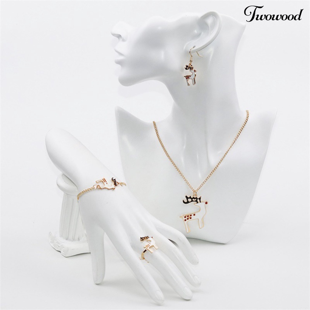 4pcs / Set Perhiasan Kalung Anting Cincin Gelang Liontin Rusa Natal Warna Terang Bahan Alloy