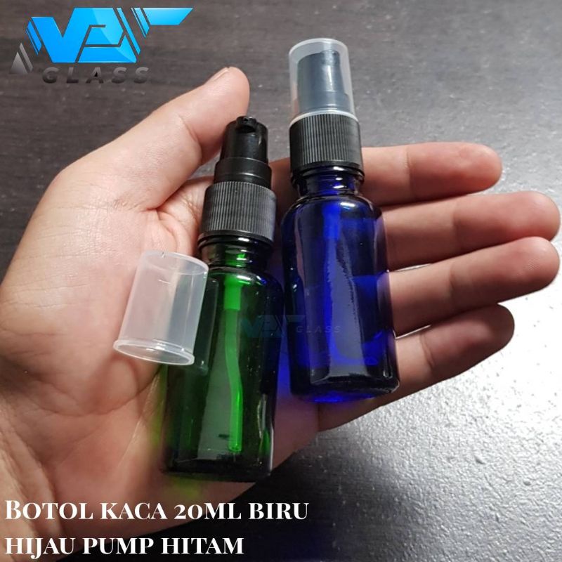 botol kaca 20ml tebal pump hitam / botol kaca 20ml treatment pump