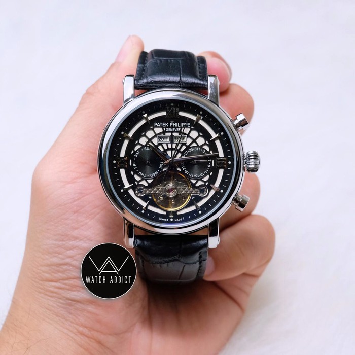 Jam Tangan Pria Cowok Patek Philippe Automatic Tali Kulit Hitam Tipe 2