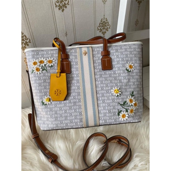 Tory burch gemini link canvas applique small tote new ivory with db ori