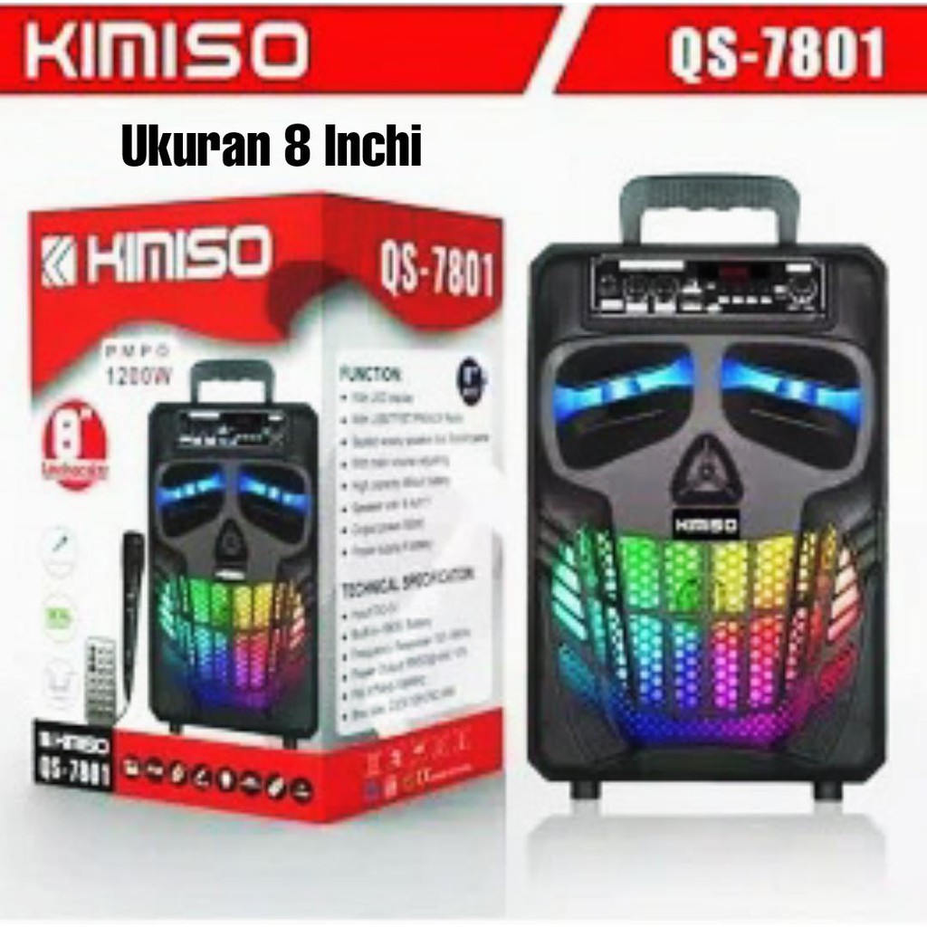 KIMISO Speaker Bluetooth LED QS 7801 8 Inchi Karaoke Portable Wireless QS-7801 8&quot;  Microphone Remote