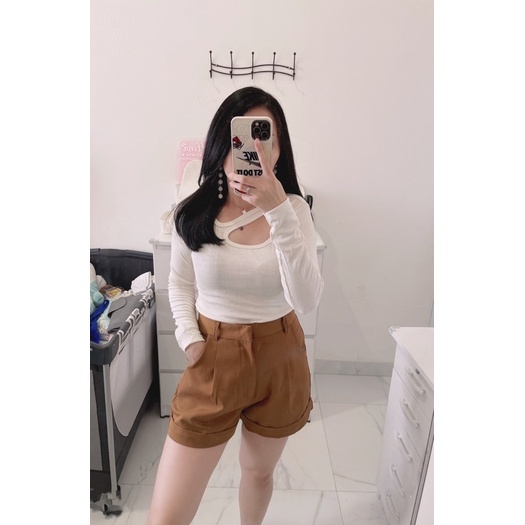 Lisa knit top |atasan knit wanita | Rib fitted asymmetric cut out long slevee top | Baju Kaos rib Knit Lengan panjang Atasan Wanita Korean Fashion | aquarius boutique89