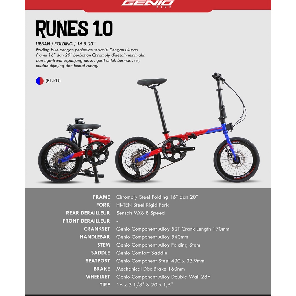 Sepeda Lipat Genio Runes 1.0 Chromoly Sensah 8 Speed Cakram 16 dan 20 inch SNI-3