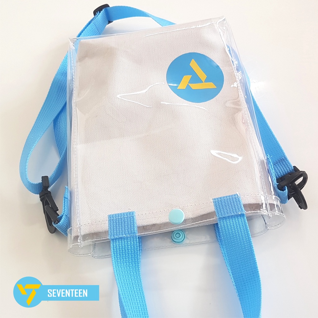 TAS SEVENTEEN SELEMPANG SLING BAG KANVAS MIKA TRANSPARANT TALI PANJANG DAN PENDEK TERMASUK POUCH ukuran 25 cm x 5cm x 18cm