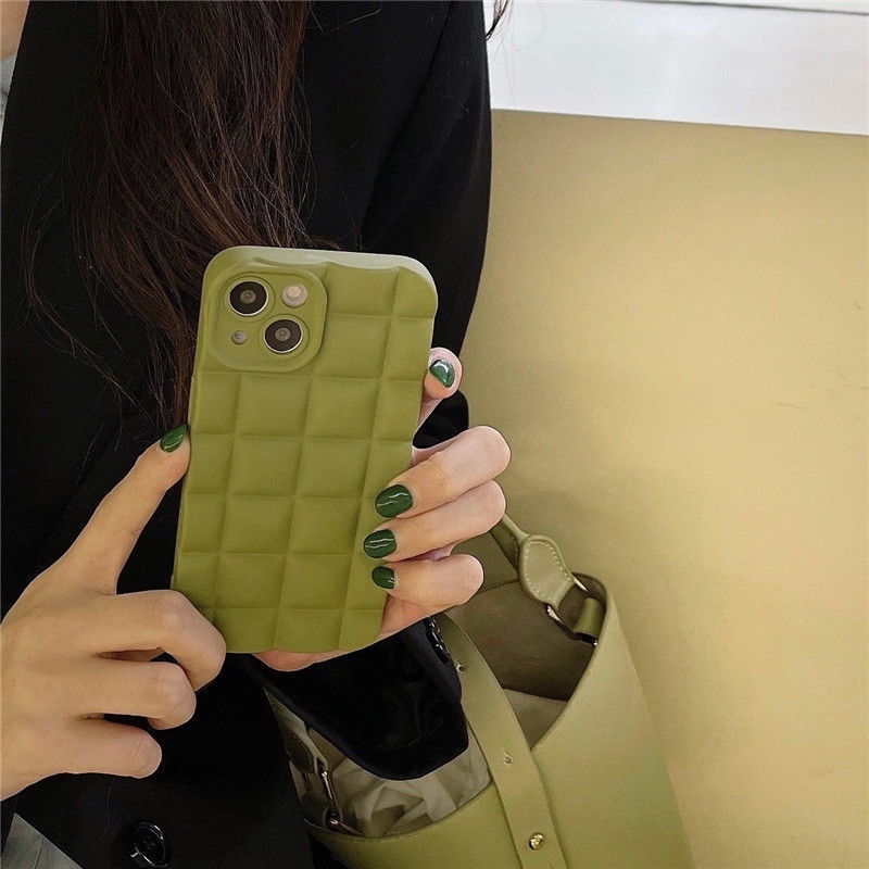 Case Desain Waffle Warna Hijau Olive Untuk iPhone 12 13 14 11 Pro Max X Xs Max Xr ejhg