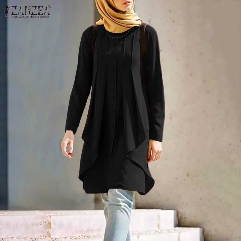 ZANZEA Women Fashion Casual O Neck Button Down Irregular Hem Long Muslim Blouse