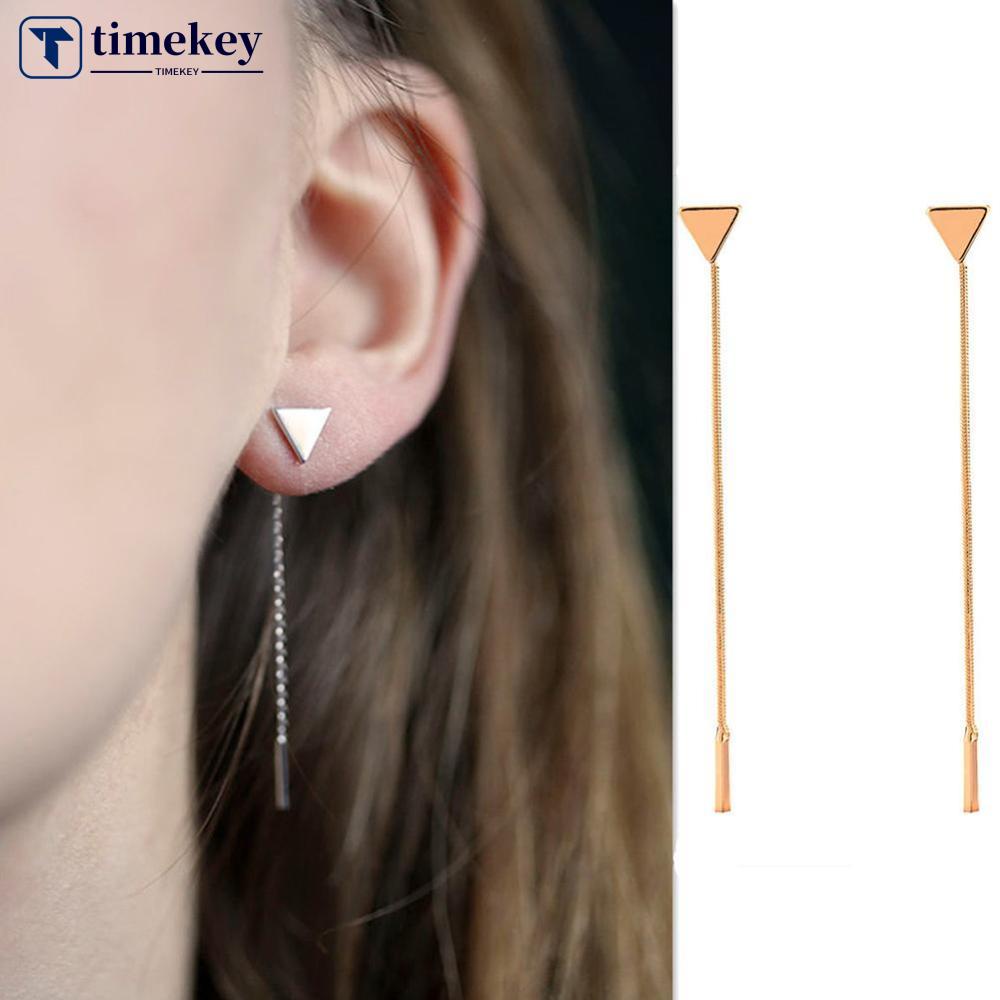 Timekey 1 Pasang Anting Tusuk Gantung Panjang Wanita Desain Hati Rumbai Rantai Metal Emas A5K8