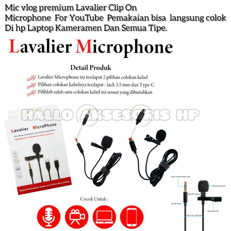 Mic Vlog Premium Lavalier Clip On Microphone  Untuk YouTuber Bisa Langsung colok Di Hp, Laptop, PC