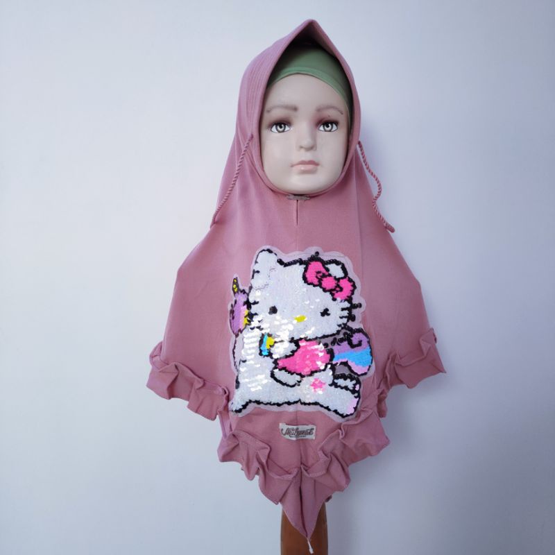 Jilbab Anak Hellokitty 4 5 6 7 8 tahun rempel fanta merah hitam ( jilbab  HK rumpa )