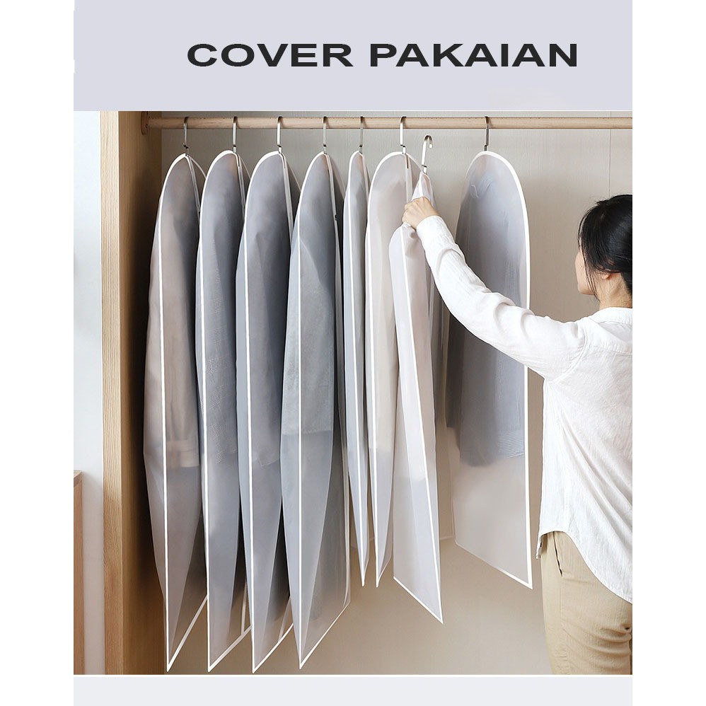 Cover Pakaian Gantung Pelindung Baju Jas Plastik Semi Transparan Cover Sarung Gantungan Baju, Dress