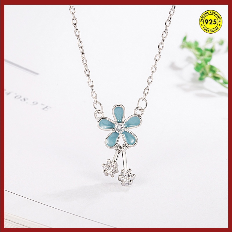 Kalung Desain Bunga Biru Bahan S925 Silver Untuk Wanita