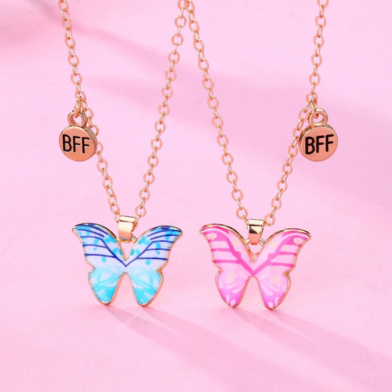 2pcs / Set Kalung Persahabatan Dengan Liontin Kupu-Kupu Warna-Warni Gaya Korea Untuk Wanita