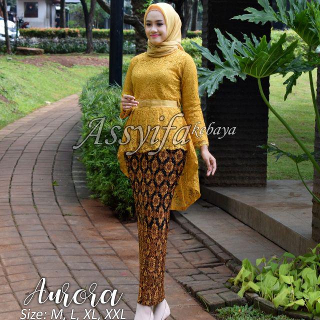 Kiranaol- Stelan kebaya brukat aurora/kebaya brukat pinguin/set kebaya brukat mix plisket panjang / Kebaya Wisuda / Kebaya Brukat Pesta / Kebaya Lamaran / Set Kebaya By Kiranaol-GOLD
