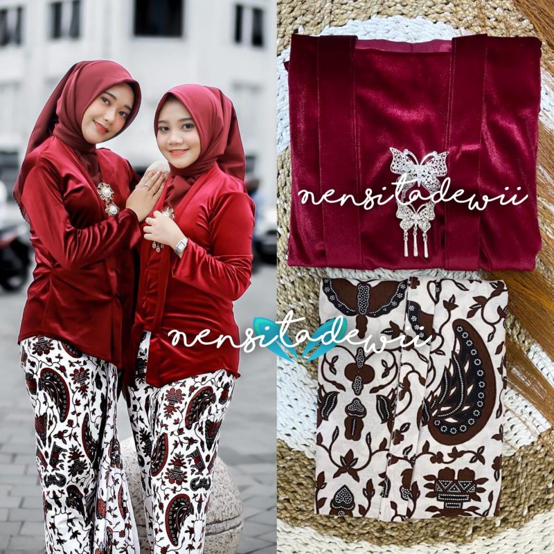 [Nuansa Maroon] Set Kebaya + Jarik Wiru Instan / Motif Sidoasih Besar