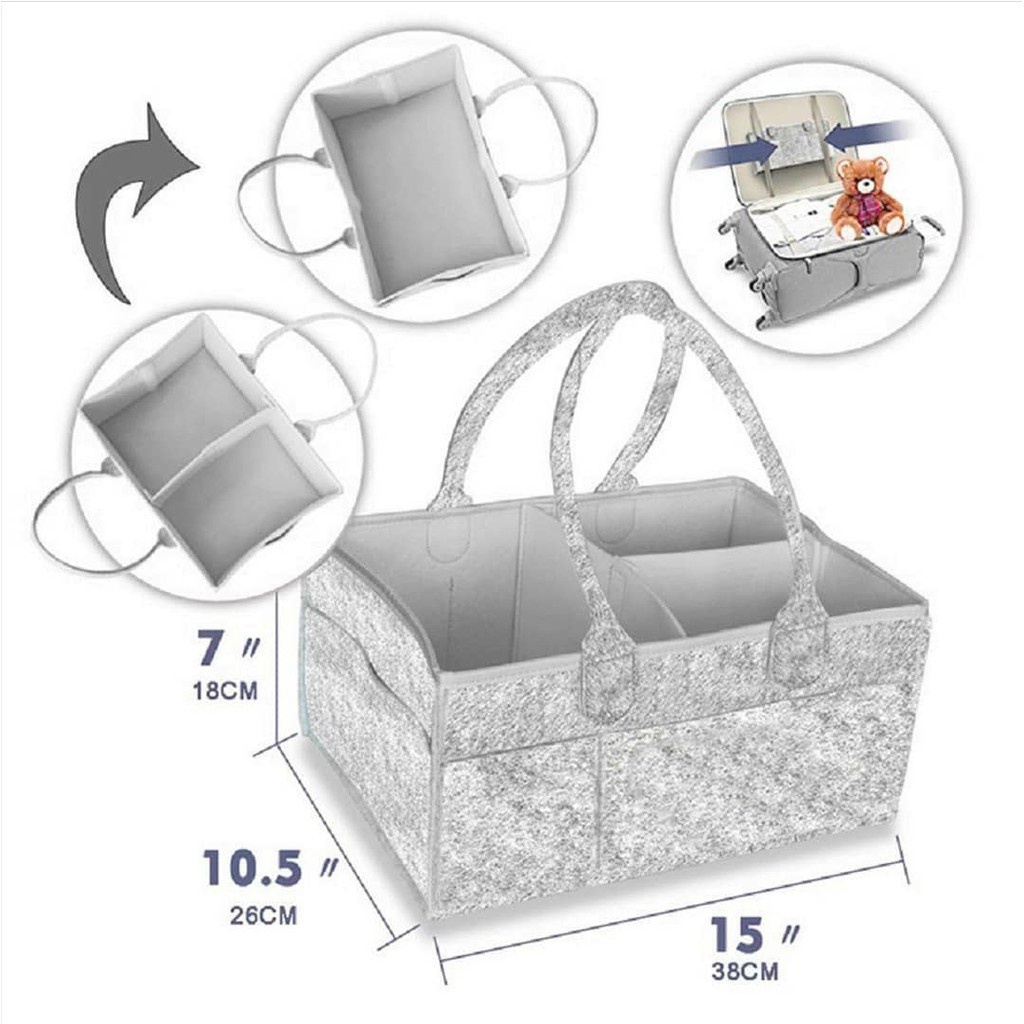 Portable Caddy Bag Ada Tutup Nya Warna Abu Tas Penyimpanan Bayi Multipurpose Baby Diaper Organizer Holder Bag - Nursery Essentials Storage Bins